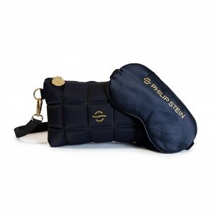 Philip Stein Navy Quilted Wristlet and Sleep Mask with Gold Logo Charm